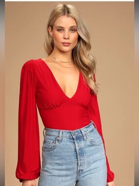 NWOT Lulus Feeling Feisty Red Long Sleeve Tie-Back Bodysuit